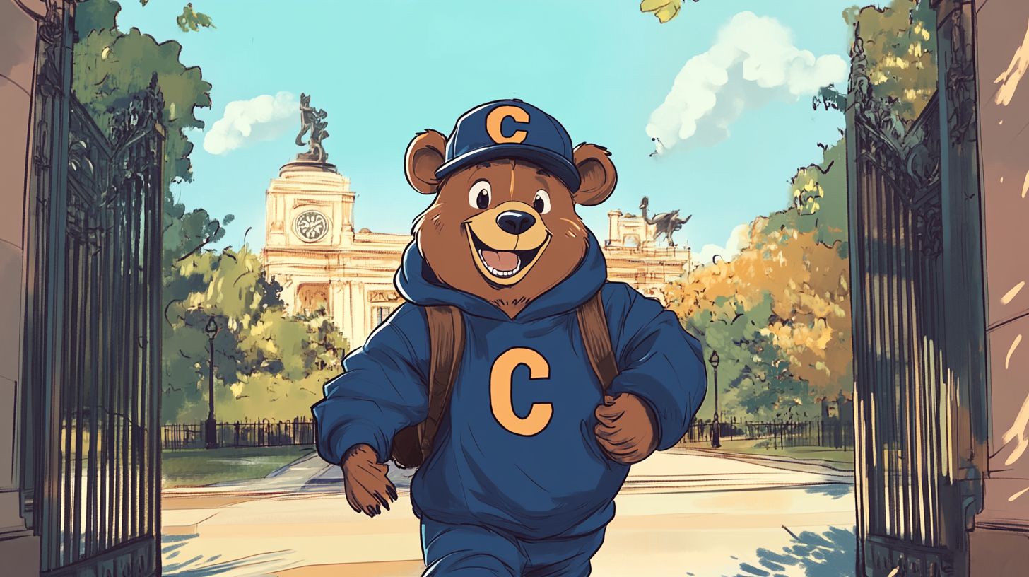 bear walking in front of college campus